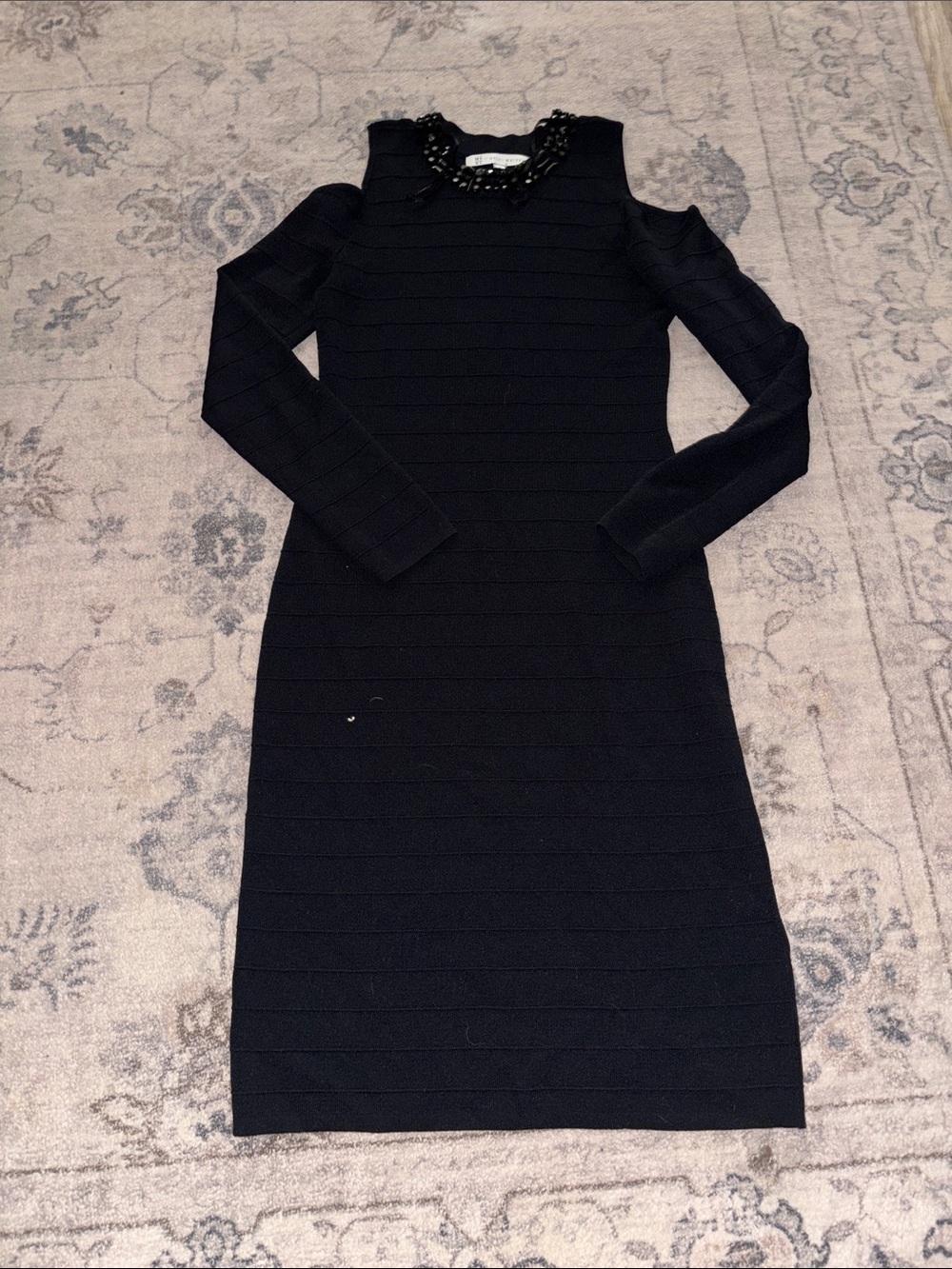 Cold-Shoulder Black Knit Dress with Embellished Neckline